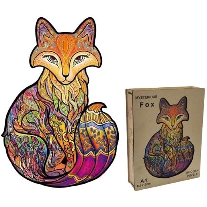WOODEN JIGSAW PUZZLES, 3D WOODEN ANIMALS SHAPED PUZZLES, BEST GIFT FOR ADULTS AND KIDS DIY PUZZLE PIECE, COLORFUL UNIQUE SHAPED FOX PUZZLES A4-8.2 X 11.6IN (A4-FOX) - Image 1